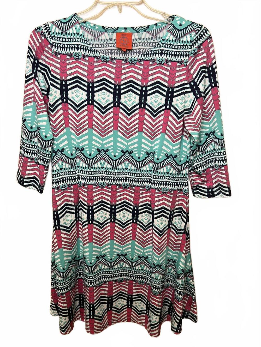 Tracy Negoshian Chevron Geometric Resort Wear Dress Pink Teal Midi Size Medium